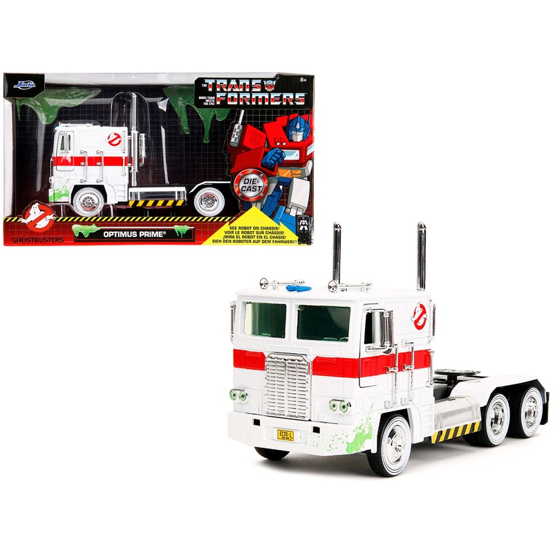 G1 Autobot Optimus Prime Truck White with Robot on Chassis from “Transformers” TV Series – “Ghostbusters” (1984) Movie Crossover “Hollywood Rides” Series 1/24 Diecast Model by Jada