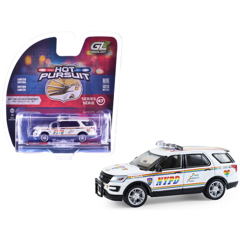 2016 Ford Police Interceptor Utility “New York Police Department (NYPD) Pride Livery” White with Rainbow Stripes “Hot Pursuit” Series 47 1/64 Diecast Model Car by Greenlight