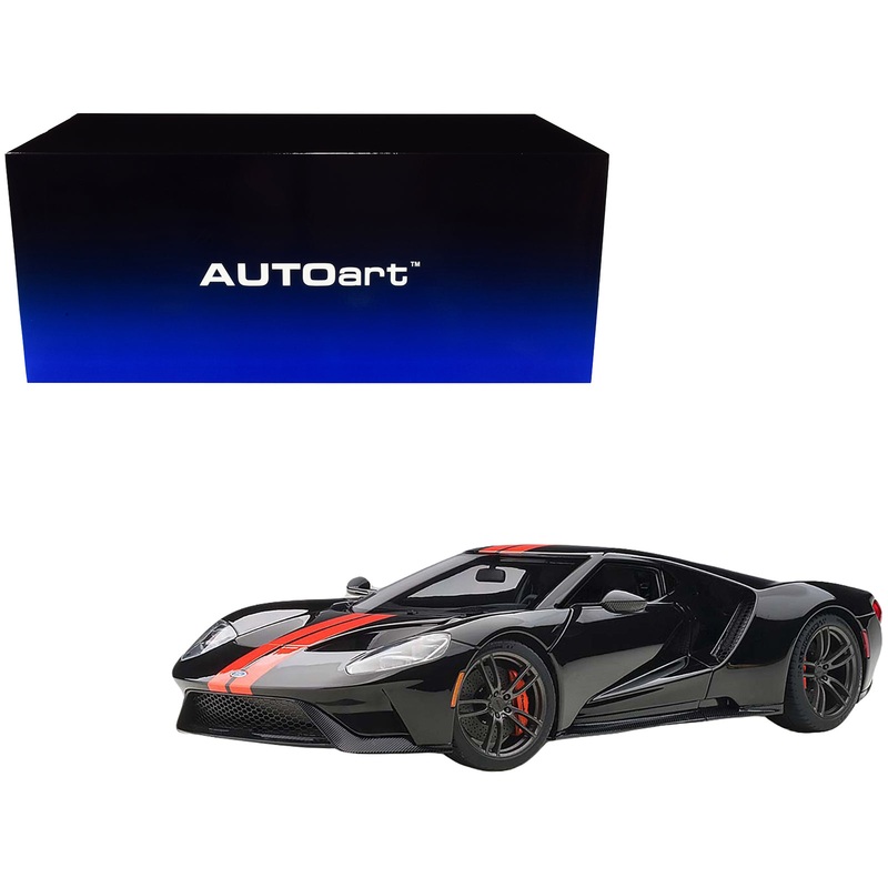 2017 Ford GT Shadow Black with Orange Stripes 1/18 Model Car by Autoart