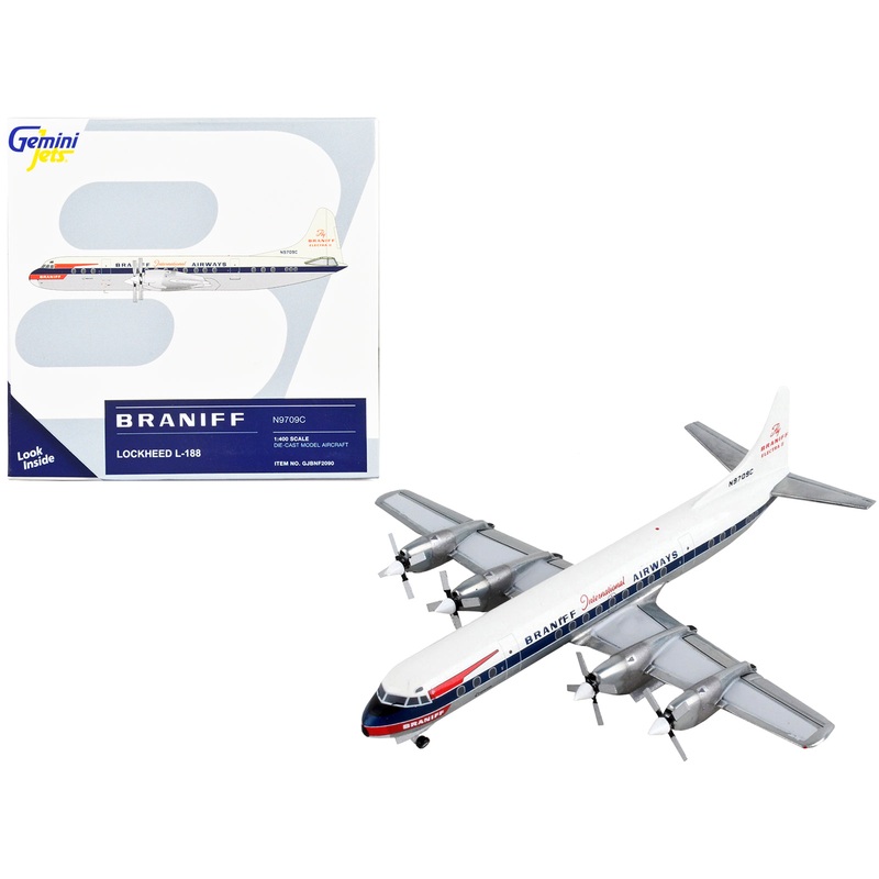 Lockheed L-188 Electra Commercial Aircraft “Braniff International Airways” White with Blue Stripes 1/400 Diecast Model Airplane by GeminiJets