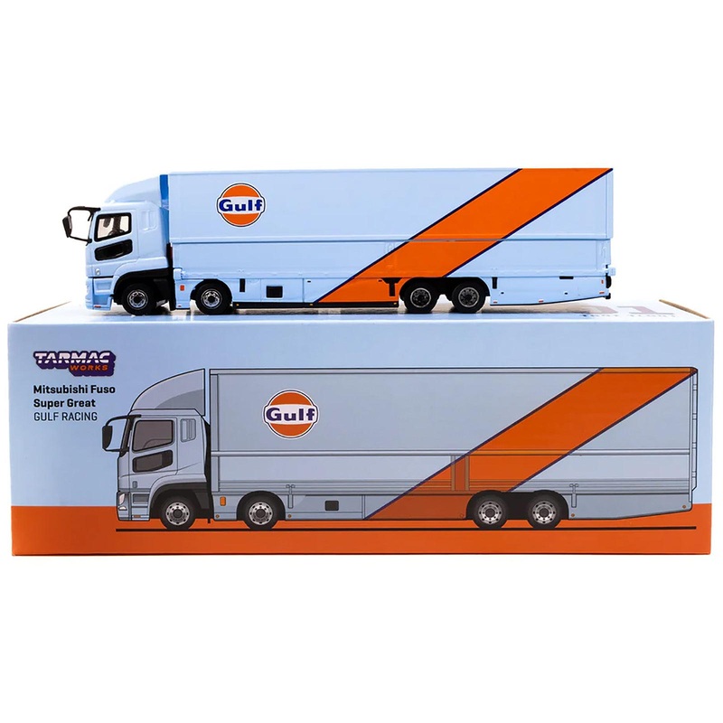 Mitsubishi Fuso Truck with Transporter Light Blue with Orange Stripes “Gulf Oil” “Truck64” Series 1/64 Diecast Model by Tarmac Works