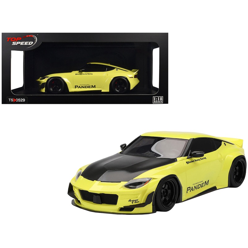 Nissan Z (RZ34) “Pandem” Ikazuchi Yellow with Matt Black Hood 1/18 Model Car by Top Speed