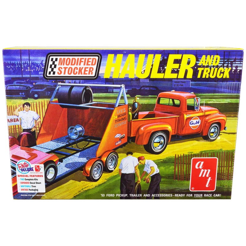 Skill 2 Model 1953 Ford Pickup Truck with “Modified Stocker” Hauler “Gulf Oil” 1/25 Scale Model by AMT