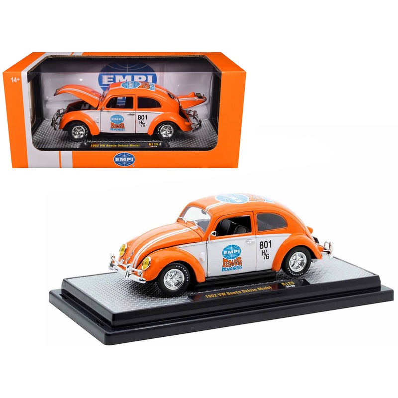 1952 Volkswagen Beetle Deluxe Model “EMPI Power Rules” Orange and White with Graphics Limited Edition to 6650 pieces Worldwide 1/24 Diecast Model Car by M2 Machines