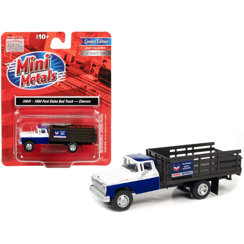 1960 Ford Stake Bed Truck “Chevron” Blue and White 1/87 (HO) Scale Model Car by Classic Metal Works