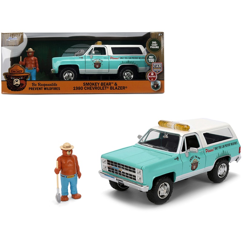 1980 Chevrolet Blazer Light Green with White Top and Graphics and Smokey Bear Diecast Figure “Smokey Bear” “Hollywood Rides” Series 1/24 Diecast Model by Jada