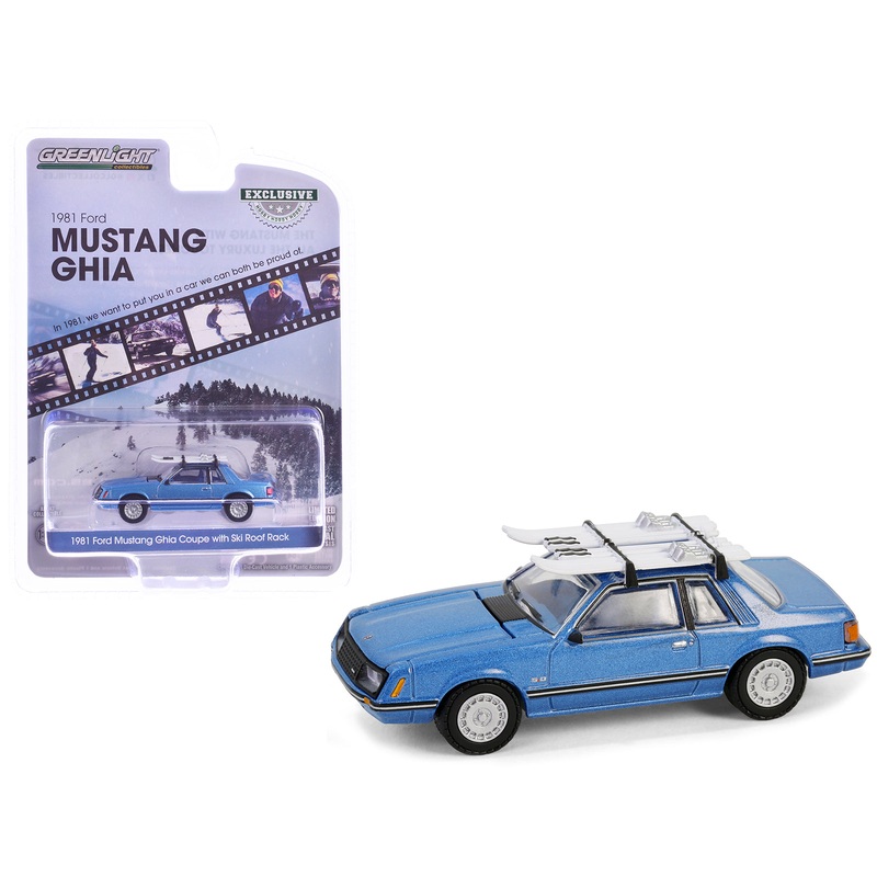 1981 Ford Mustang Ghia Coupe Blue Glow Metallic with Ski Roof Rack “Hobby Exclusive” Series 1/64 Diecast Model Car by Greenlight