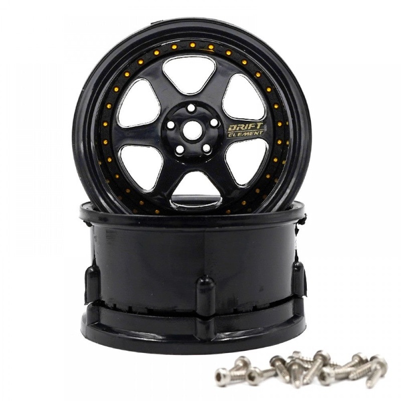 DS Racing – Drift Element 6 Spoke Rim Triple Black w/ Gold Rivets for 1/10 Scale (2 pcs)