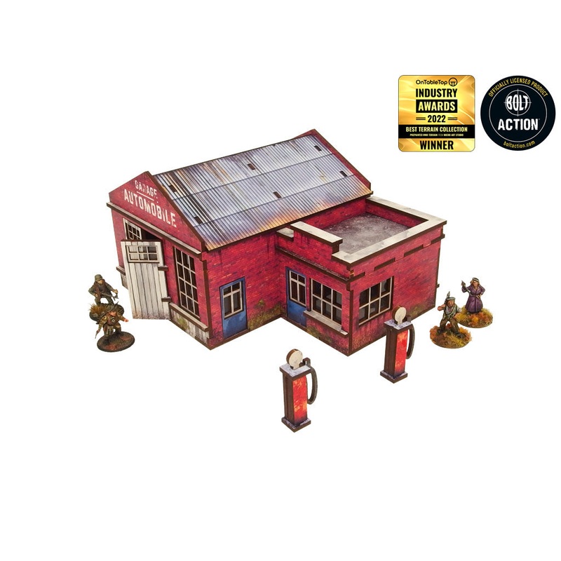 Micro Art Studio – WW2 Normandy Garage w. Petrol Station PREPAINTED H00131