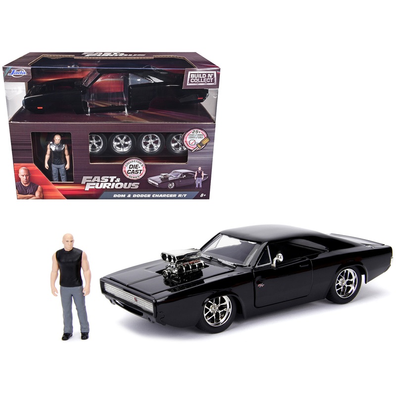 Model Kit Dodge Charger R/T Black and Dom Diecast Figure “Fast & Furious” Movie “Build N’ Collect” Series 1/24 Diecast Model Car by Jada