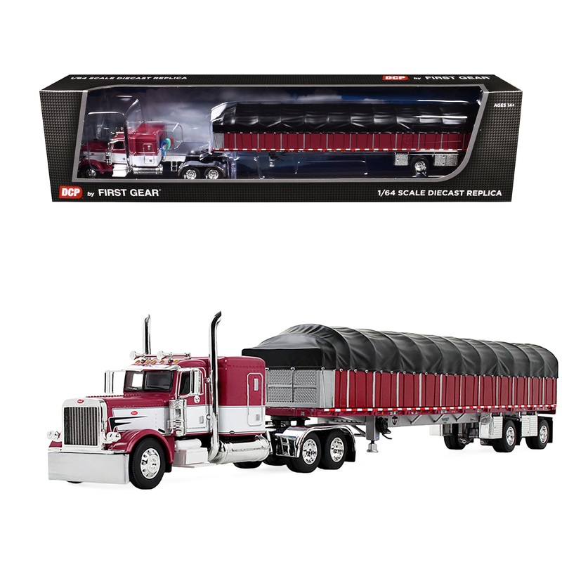 Peterbilt 389 with 63″ Flat Top Sleeper and 53 Wilson Roadbrute Flatbed Trailer with Covered Wagon Maroon with White Stripes 1/64 Diecast Model by DCP/First Gear