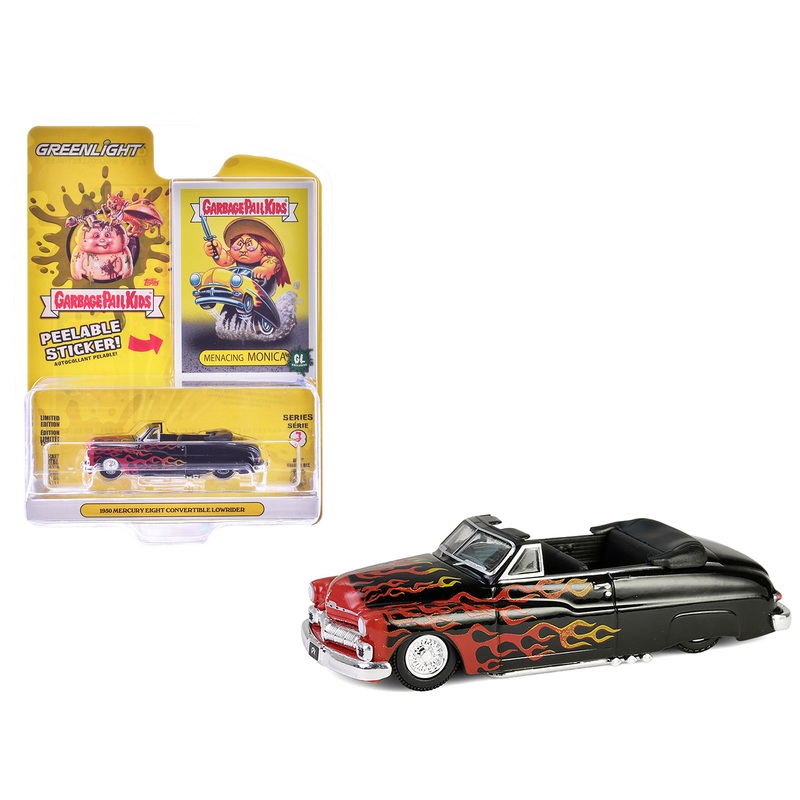 1950 Mercury Eight Convertible Lowrider Black with Flames “Menacing Monica” “Garbage Pail Kids” Series 7 1/64 Diecast Model Car by Greenlight