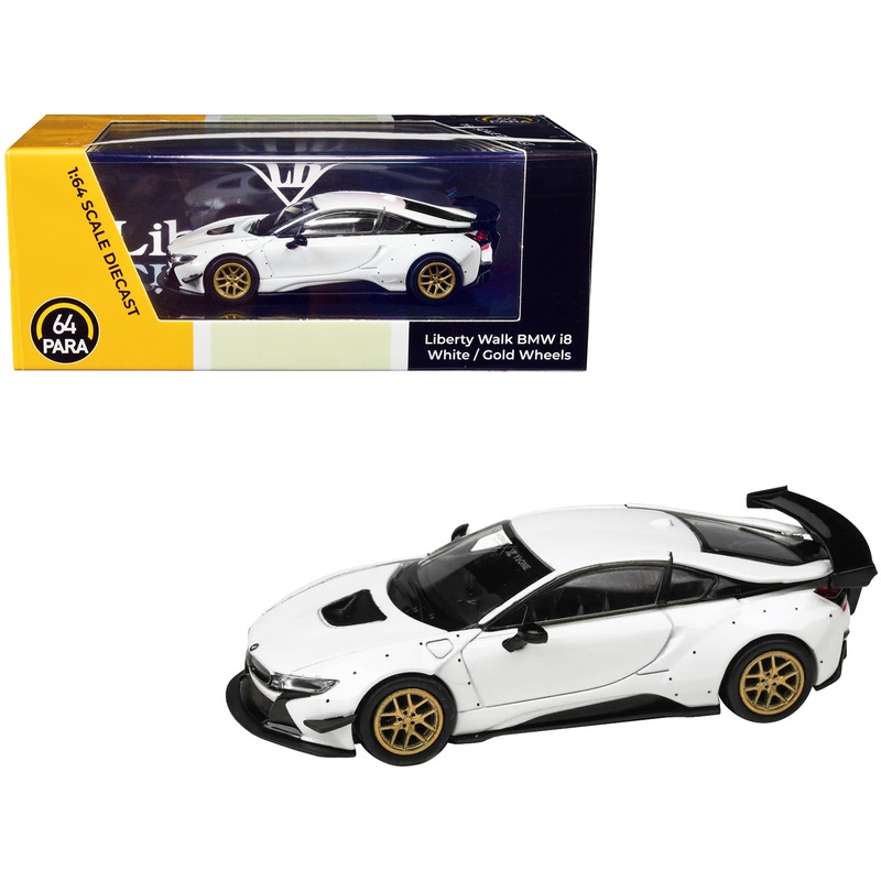 BMW i8 Liberty Walk White with Gold Wheels 1/64 Diecast Model Car by Paragon Models