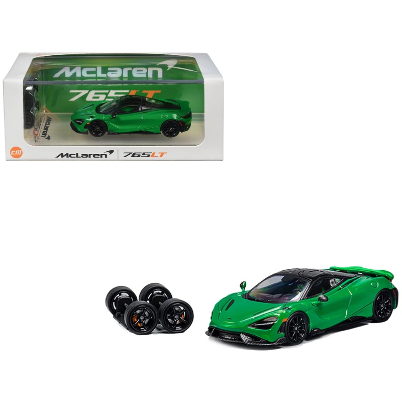 McLaren 765LT Green with Black Top and Extra Wheels 1/64 Diecast Model Car by CM Model