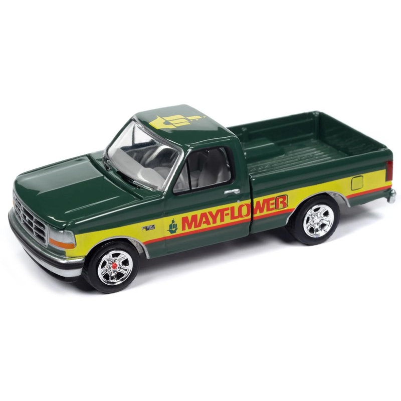 1993 Ford F-150 Pickup Truck Green and Yellow “Mayflower” with Tow Dolly “Tow & Go” Series 1/64 Diecast Model Car by Johnny Lightning