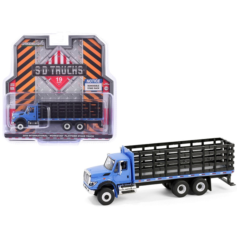 2018 International WorkStar Platform Stake Truck Blue “S.D. Trucks” Series 19 1/64 Diecast Model Car by Greenlight