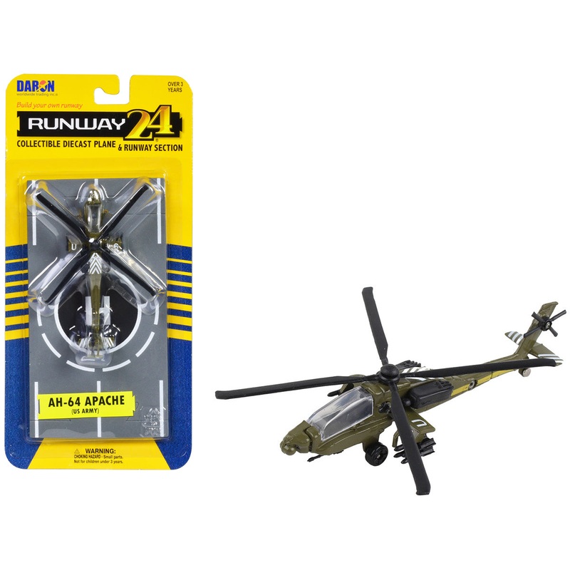 Boeing AH-64 Apache Helicopter Olive Drab “United States Army” with Runway Section Diecast Model by Runway24