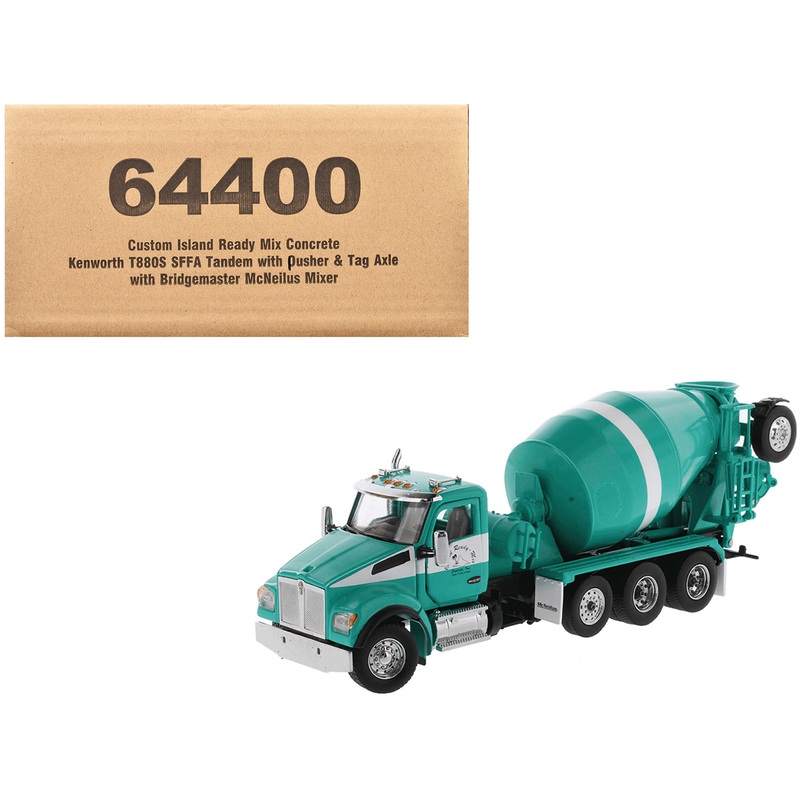 Kenworth T880S SFFA Tandem with Pusher and Tag Axle with Bridgemaster McNeilus Mixer “Island Ready Mix” Green and White Limited Edition to 500 pieces Worldwide “Transport Series” 1/50 Diecast Model by Diecast Masters