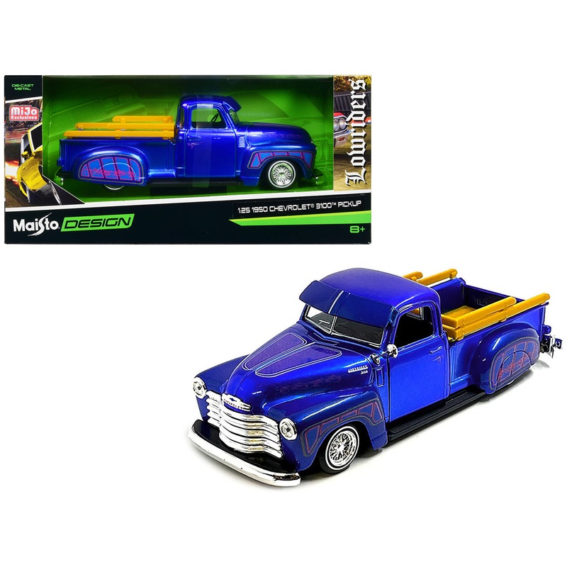 1950 Chevrolet 3100 Pickup Truck Lowrider Candy Blue with Graphics “Lowriders” Series 1/25 Diecast Model Car by Maisto