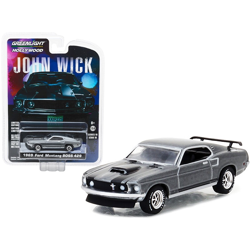 1969 Ford Mustang Boss 429 Gray Metallic with Black Stripes “John Wick” (2014) Movie “Hollywood Series” Release 18 1/64 Diecast Model Car by Greenlight