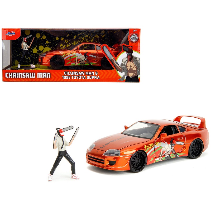 1995 Toyota Supra Orange Metallic with Graphics and Chainsaw Man Diecast Figure “Chainsaw Man” (2022) TV Series “Anime Hollywood Rides” Series 1/24 Diecast Model by Jada