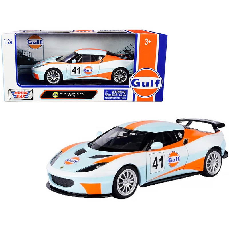 Lotus Evora GT4 #41 “Gulf Oil” Light Blue with White and Orange Stripes 1/24 Diecast Model Car by Motormax