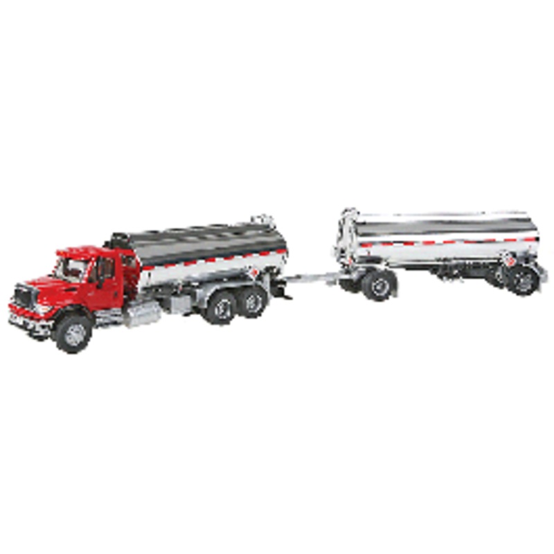 Walthers #949-11670 International 7600 Tank Truck w/Trailer – Assembled — Red Cab Chrome Tanks
