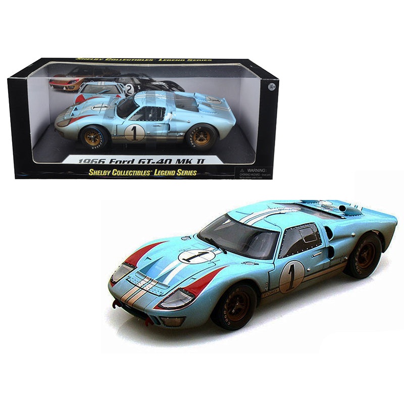 1966 Ford GT-40 MK II #1 Light Blue Miles – Hulme Le Mans (Dirty Version) 1/18 Diecast Model Car by Shelby Collectibles
