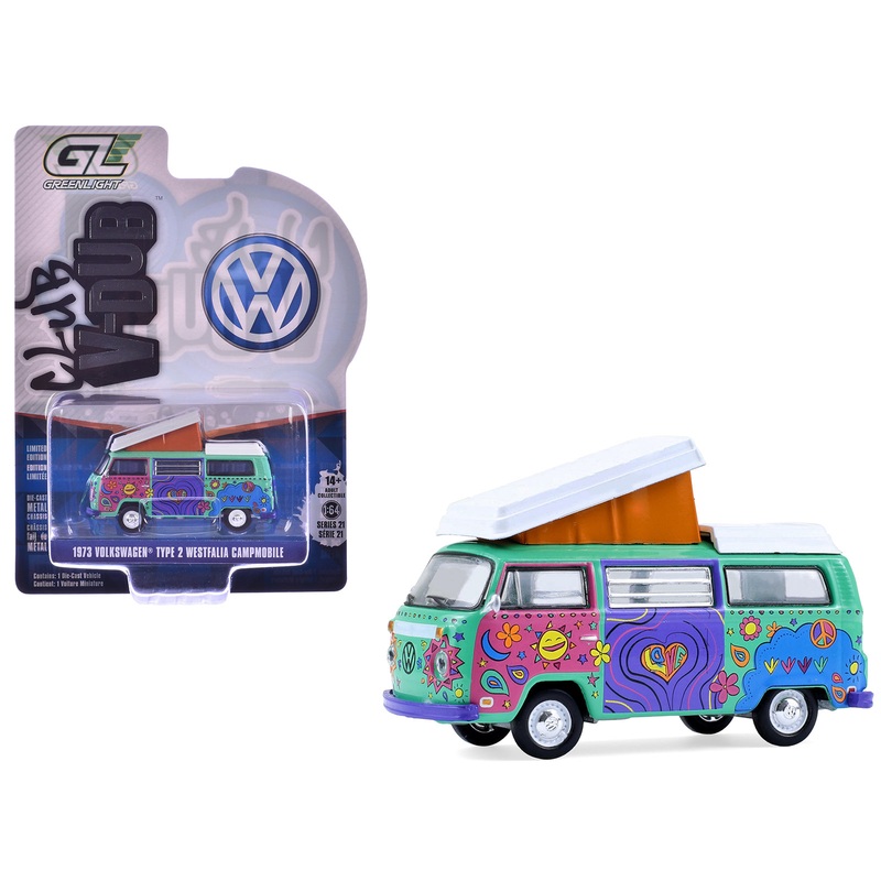 1973 Volkswagen Type 2 Westfalia Campmobile “Music Festival Van” Green with White Top and Graphics “Club Vee-Dub” Series 21 1/64 Diecast Model Car by Greenlight
