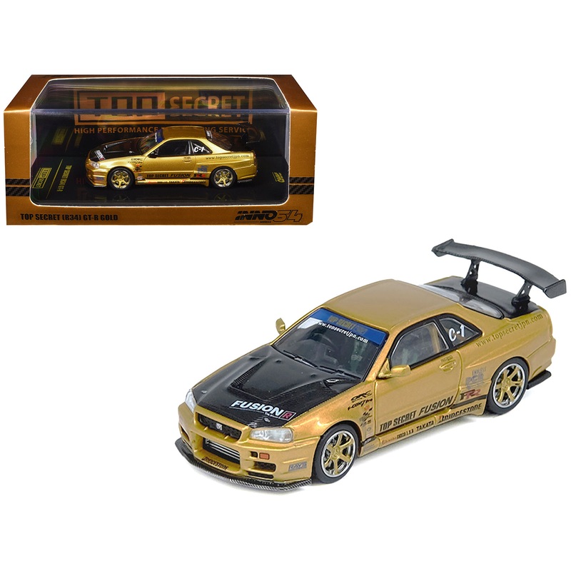 Nissan Skyline GT-R (R34) RHD (Right Hand Drive) “Top Secret” Gold Metallic with Carbon Hood and Trunk 1/64 Diecast Model Car by Inno Models