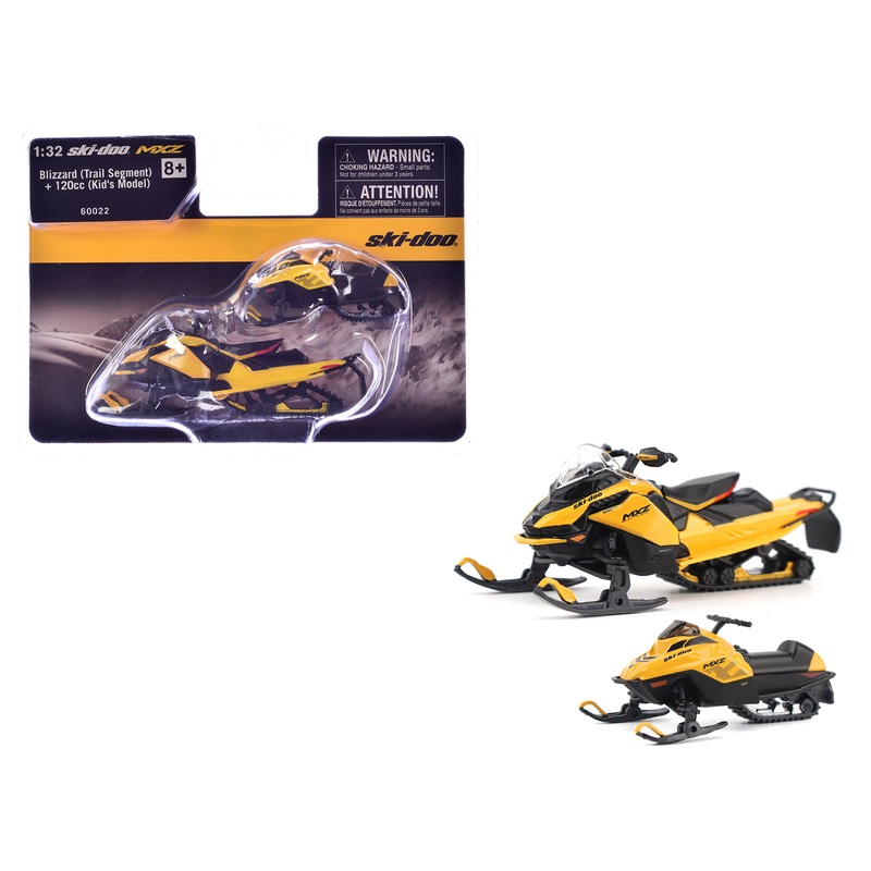 Ski-Doo MXZ Blizzard (Trail Segment) Neo Yellow and Ski-Doo MXZ 120cc (Kid’s Model) Neo Yellow Set of 2 Snowmobiles 1/32 Diecast Models by BRP Models