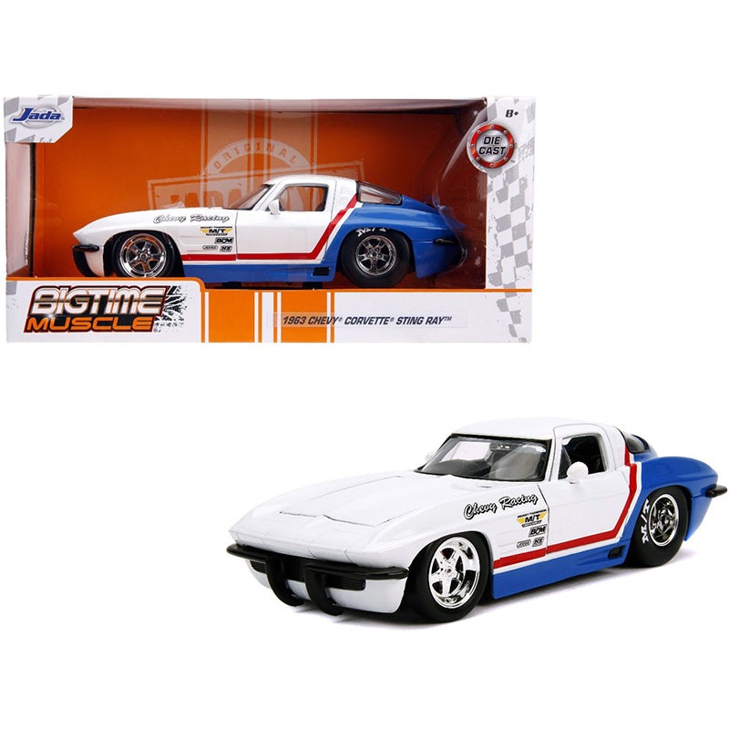 1963 Chevrolet Corvette Stingray White and Blue with Red Stripe “Chevy Racing” “Bigtime Muscle” 1/24 Diecast Model Car by Jada
