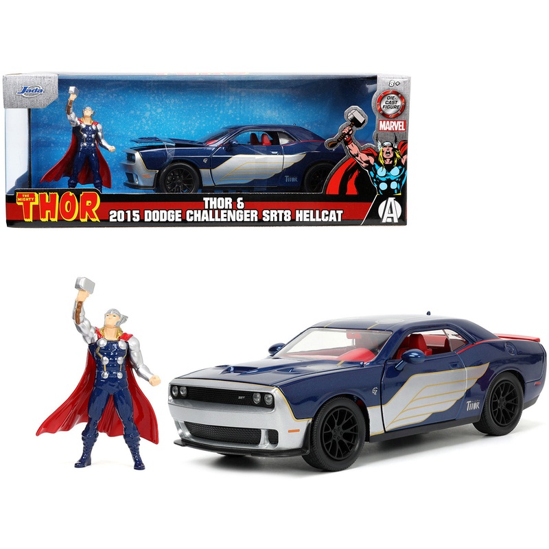 2015 Dodge Challenger SRT Hellcat Dark Blue with Graphics and Red Interior and Thor Diecast Figure “The Mighty Thor” “Marvel” Series 1/24 Diecast Model Car by Jada
