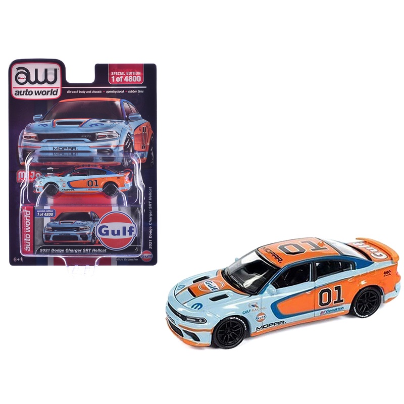 2021 Dodge Charger SRT Hellcat #01 “Gulf Oil-MOPAR” Light Blue and Orange Limited Edition to 4800 pieces Worldwide 1/64 Diecast Model Car by Auto World