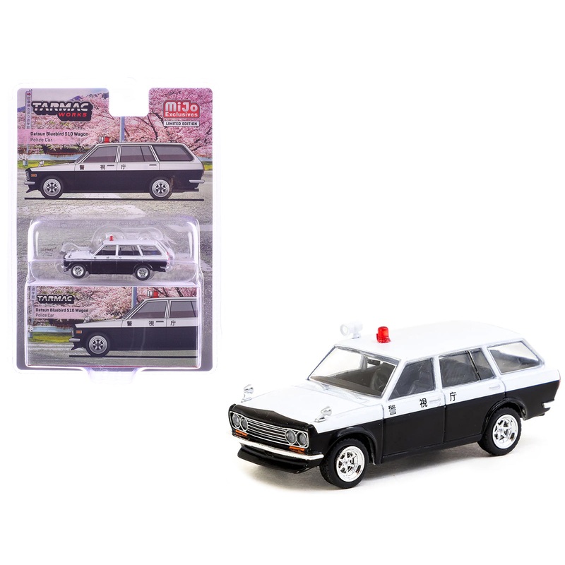 Datsun Bluebird 510 Wagon “Japan Police Car” Black and White “Global64” Series 1/64 Diecast Model by Tarmac Works