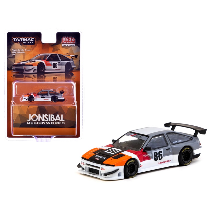 Toyota Sprinter Trueno AE86 Widebody RHD (Right Hand Drive) #86 “TRD-Jonsibal Designworks” White and Gray with Graphics “Global64” Series 1/64 Diecast Model by Tarmac Works