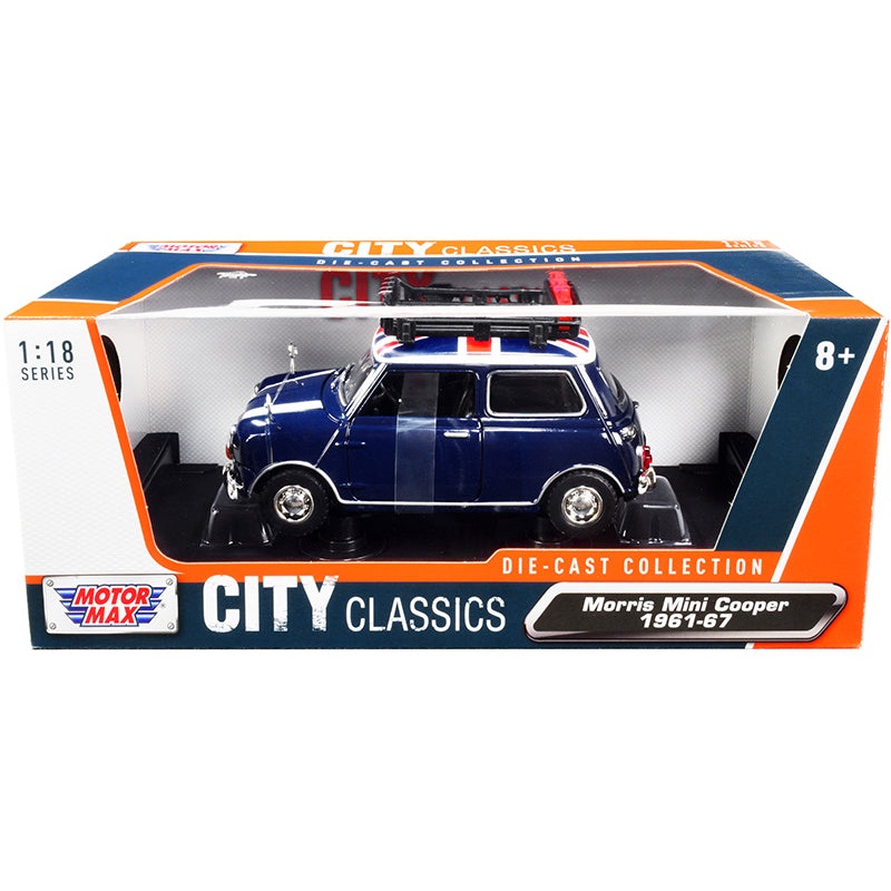 1961-1967 Morris Mini Cooper RHD (Right Hand Drive) Dark Blue with British Flag on the Top and Roof Rack “City Classics” Series 1/18 Diecast Model Car by Motormax