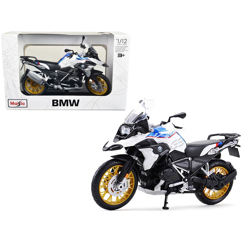 BMW R1250 GS White with Blue and Red Stripes 1/12 Diecast Motorcycle Model by Maisto