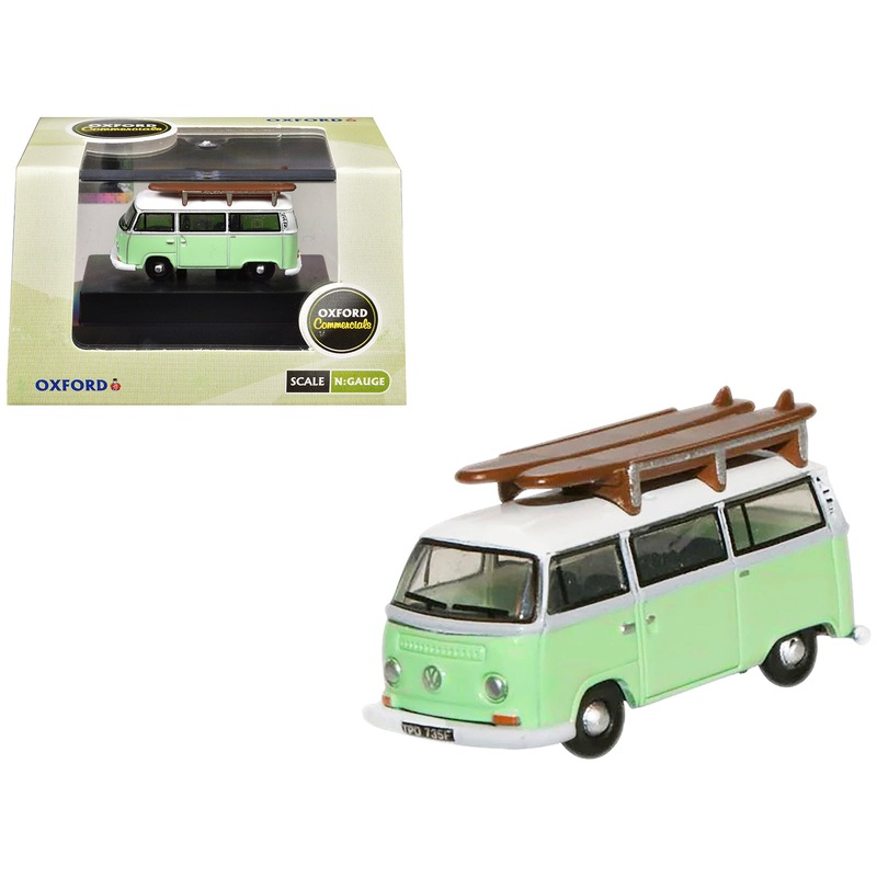 Volkswagen T2 Minibus Light Green and White with Surfboard on Roof Rack 1/148 (N) Scale Diecast Model Car by Oxford Diecast