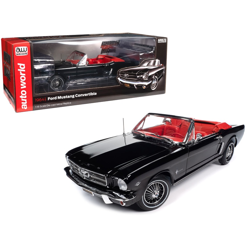 1964 1/2 Ford Mustang Convertible Raven Black with Red Interior “American Muscle” Series 1/18 Diecast Model Car by Auto World