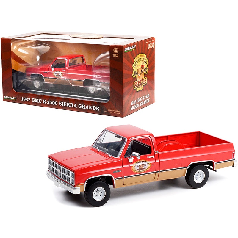 1982 GMC K-2500 Sierra Grande Wideside Pickup Truck with Trailer Hitch Red “Busted Knuckle Garage” 1/18 Diecast Model Car by Greenlight