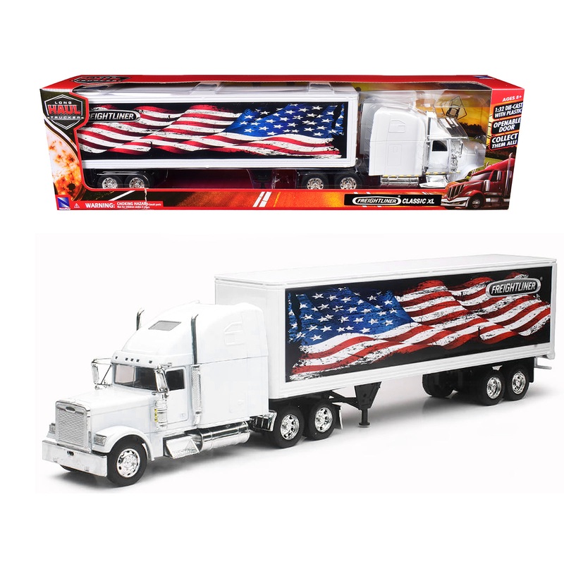 Freightliner Classic XL Truck White with Dry Van Trailer White with Patriotic Graphic “Long Haul Truckers” Series 1/32 Diecast Model by New Ray