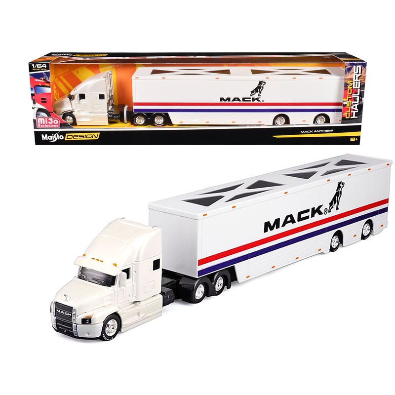Mack Anthem Enclosed Car Transporter “Mack” White with Red and Blue Stripes “Custom Haulers” Series 1/64 Diecast Model by Maisto
