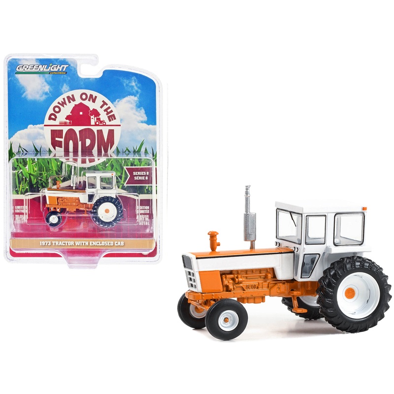 1973 Tractor with Enclosed Cab Orange and White “Down on the Farm” Series 8 1/64 Diecast Model by Greenlight