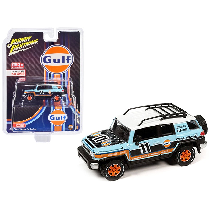 2007 Toyota FJ Cruiser #11 Light Blue “Gulf Oil” with Roofrack Limited Edition to 6000 pieces Worldwide 1/64 Diecast Model Car by Johnny Lightning