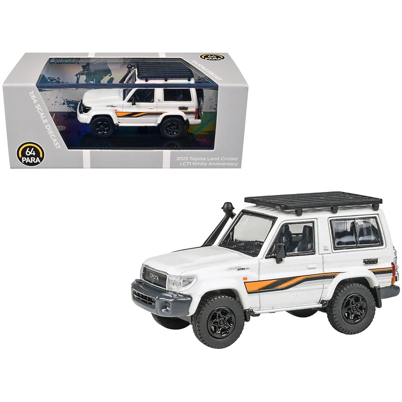 2023 Toyota Land Cruiser 71 White “70th Anniversary” with Stripes and Roofrack 1/64 Diecast Model Car by Paragon Models