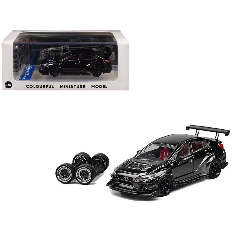 Subaru VAB WRX S4 Widebody Black Metallic with Red Interior with Extra Wheels 1/64 Diecast Model Car by CM Model