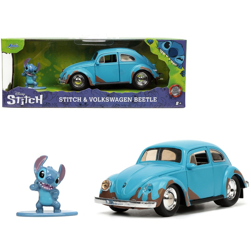 Volkswagen Beetle Matt Blue (Weathered) and Stitch Diecast Figure “Lilo and Stitch” (2002) Movie “Hollywood Rides” Series 1/32 Diecast Model Car by Jada