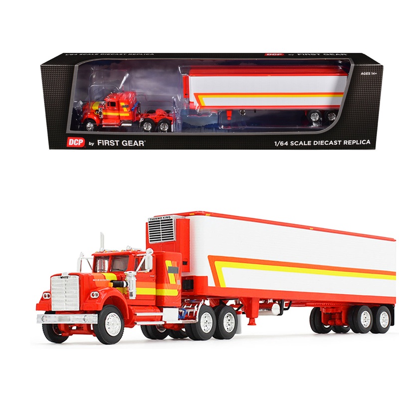 White Western Star 4900 with 36″ Vintage Flat Top Sleeper and Wilson 40′ Vintage Refridgerated Trailer Red and White with Stripes 1/64 Diecast Model by DCP/First Gear