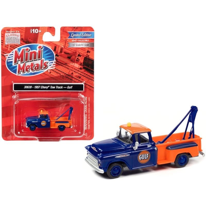 1957 Chevrolet Stepside Tow Truck “Gulf” Blue and Orange 1/87 (HO) Scale Model Car by Classic Metal Works